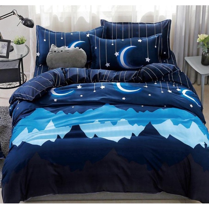 Lenjerie din Bumbac Finet, 4 Piese, Cearceaf cu Elastic, Pat Dublu, Model 6