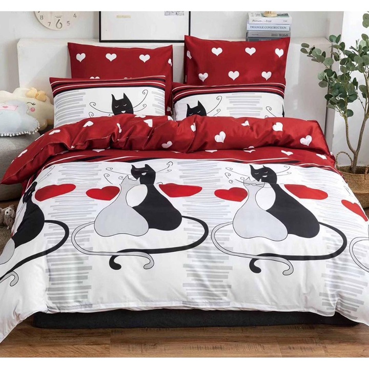 Lenjerie din Bumbac Finet, 4 Piese, Cearceaf cu Elastic, Pat Dublu, Model 29