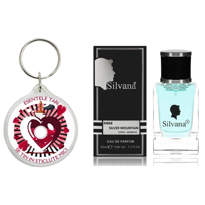 Set Apa de parfum, Silver Mountain Water Silvana Parfum, 50 ml si breloc Esentele tari se tin in sticlute mici