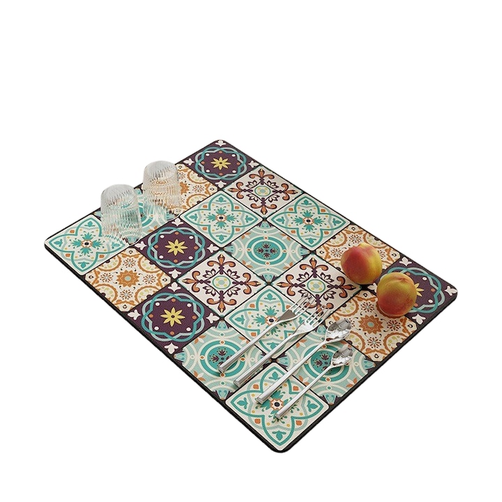 Подложка за отцеждане на съдове, диатомит, устойчива на абразия, абсорбираща, лесна за почистване и съхранение, 40x30 см, цветна тухла в марокански стил