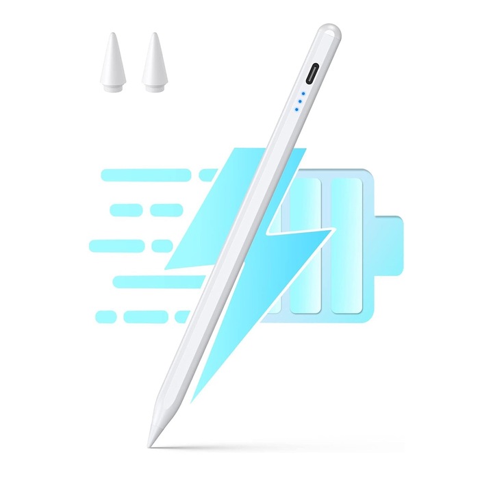 Stylus toll, Mingzhi®, ceruza Apple iPad tablethez 2018-2025, professzionális, kapacitív, karcolásgátló tollak, késleltetés nélkül, gyorstöltés, mágneses, alumínium, USB-C, fehér