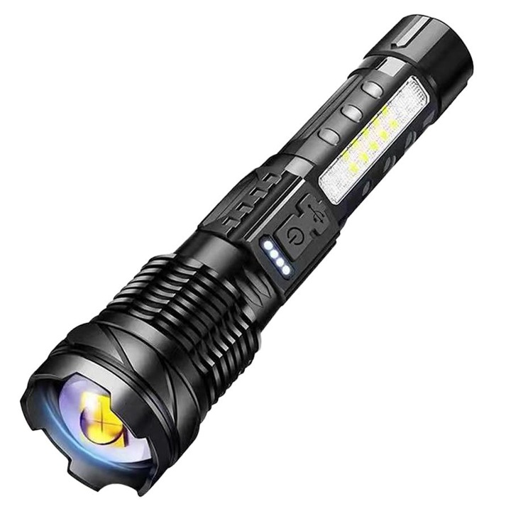 Lanterna puternica cu laser, 3000 de lumeni, 6 niveluri de luminozitate, rezistenta la apa IPX6, cu lumini laterale de avertizare rosu si albastru, afisaj LED pentru baterie, incarcare USB, baterie litiu integrata de 2000 mAh