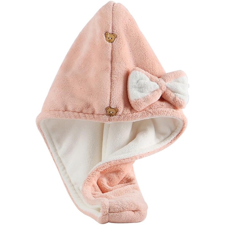 Кърпа за сушене на коса, двоен материал, Микрофибърни кърпи за баня, Kimystam®, идеална за бързо абсорбиране на вода от всички текстури и дължини на косата, снабдена с копче за сигурно закрепване, розова