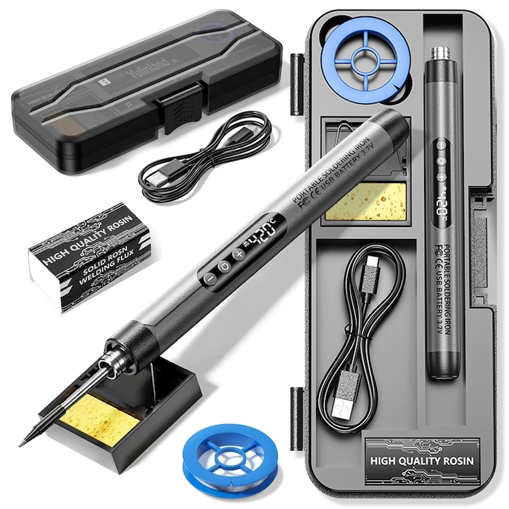 Преносим поялник, LCD екран, безжичен с вградена батерия и USB зареждане, регулиране на температурата до 420°C/788°F, капацитет на батерията 1000mAh, Сив