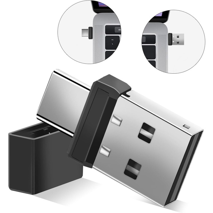 Mouse Jiggler Nedetectabil Plug & Play USB-C & USB-A, Dispozitiv Auto-Miscare Anti Blocare Ecran, Compatibil Windows/macOS, Miscare Circulara Automata, Negru Auriu