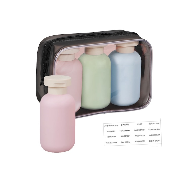 Set 3 recipiente calatorie, 100ml, rezistent la scurgeri, PP/HDPE, cu gentuta, Capac flip, Sticla reincarcabila pentru sampon, gel de dus, Multicolor