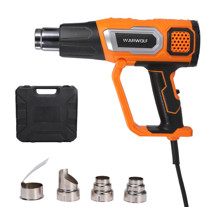 Pistol cu Aer Cald HUGOOME 2000W cu carcasa din plastic, 60 ℃-600 ℃, 300-500L/min, afisaj LCD, 2 setari, 4 duze pentru artizanat, Vinyl Wrap, Shrink Tubing