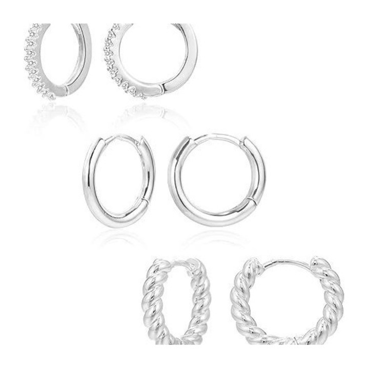 Комплект от 3 чифта дамски обеци, 14-каратово злато с цирконий, Различни модели, елегантни бижута, сребро