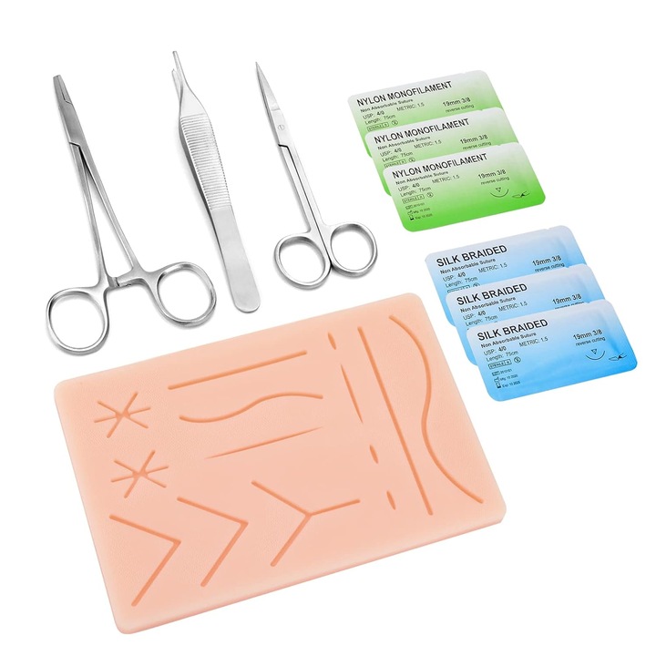 Kit pentru antrenament suturi chirurgicale, din silicon, cu 10 accesorii, reutilizabile, usor de utilizat, grasime si muschi, pad de antrenament, simulare de maiestrie, portabil, pentru profesionale la medicina, Multicolor