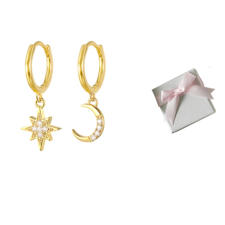 Асиметрични обеци със звезда и луна, сребро S925, златист