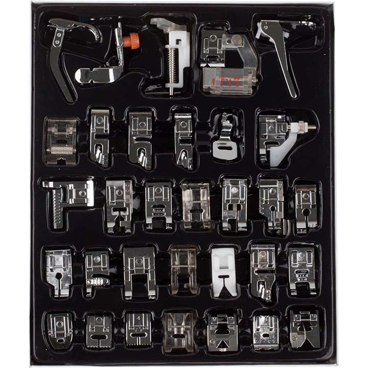 Set 32 picioruse pentru masina de cusut, Inhwatek®, multifunctionale, universale, pentru Brother, Singer, Janome, Viking, Haushalt, Teflonfuss, Argintiu