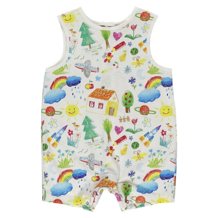 Panco - Ujjatlan Jumpsuit színes mintával babáknak, Ecru, Többszínű