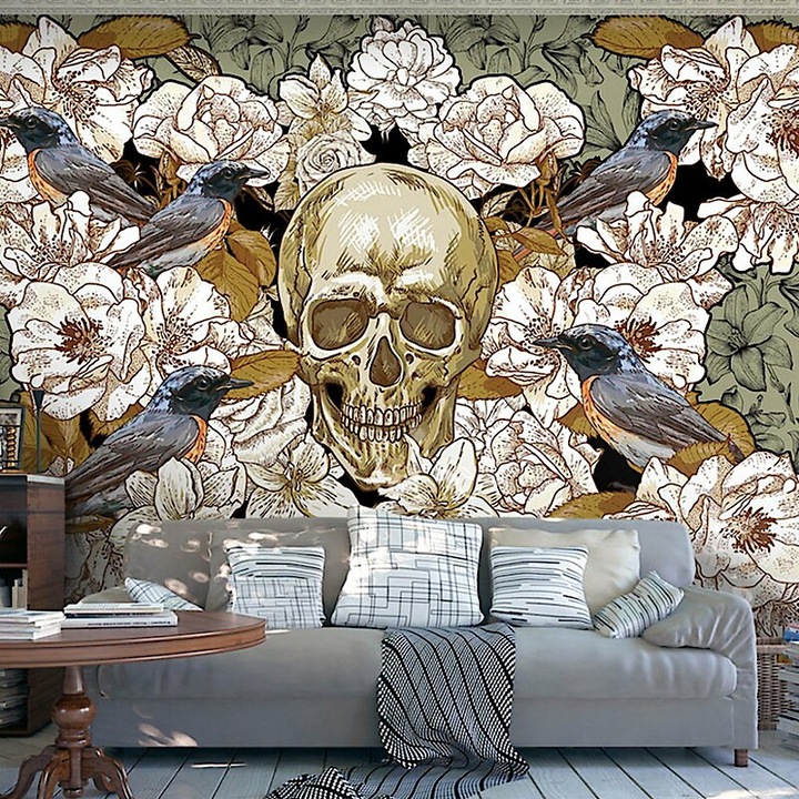 Fotótapéta - Koponya virágok és madarak között 400x280