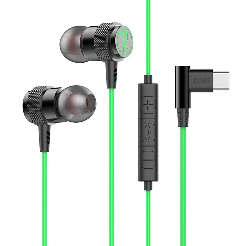 Casti In-Ear, KINSI, Comenzi pe fir pentru apeluri/volum, Design Ergonomic si Confortabil, lungime 1.2m, Type-C, Verde