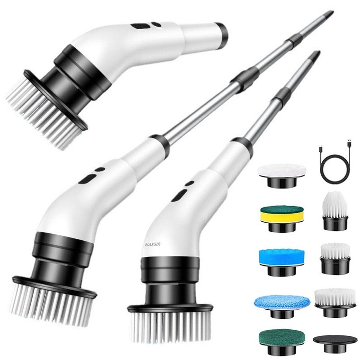Perie electrica de curatare multifunctionala, NAXSIR, 8 capete inlocuibile, 2 viteze, maner reglabil si detasabil, autonomie 90 de minute, IPX7 impermeabil, reincarcabila USB, 75 W, alb
