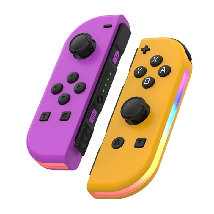 Безжичен контролер за игри с RGB (подходящ за Nintendo Switch/OLED/LITE), контролери Joy Cons за Switch, контролер за джойстик за геймпад, с двойна вибрация, турбо, комплект 2 контролера, лилав + оранжев