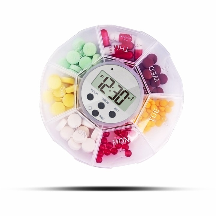 Интелигентна кутия за лекарства, кутия за дозиране на лекарства, дизайн със 7 решетки, с функция за напомняне за запис/възпроизвеждане/време, лесна за носене, подходяща за възрастни хора