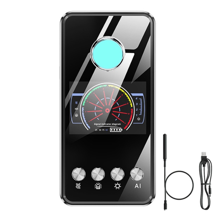 Detector cu Inteligenta Artificiala AI pentru Aparate de Spionaj, SINBINTA, Baterie 2000mah, Detecteaza camere ascunse, localizatoare GPS, mini reportofoane, Pentru protejeaza intimitatea, Metal, 12x6x1.2cm, Negru