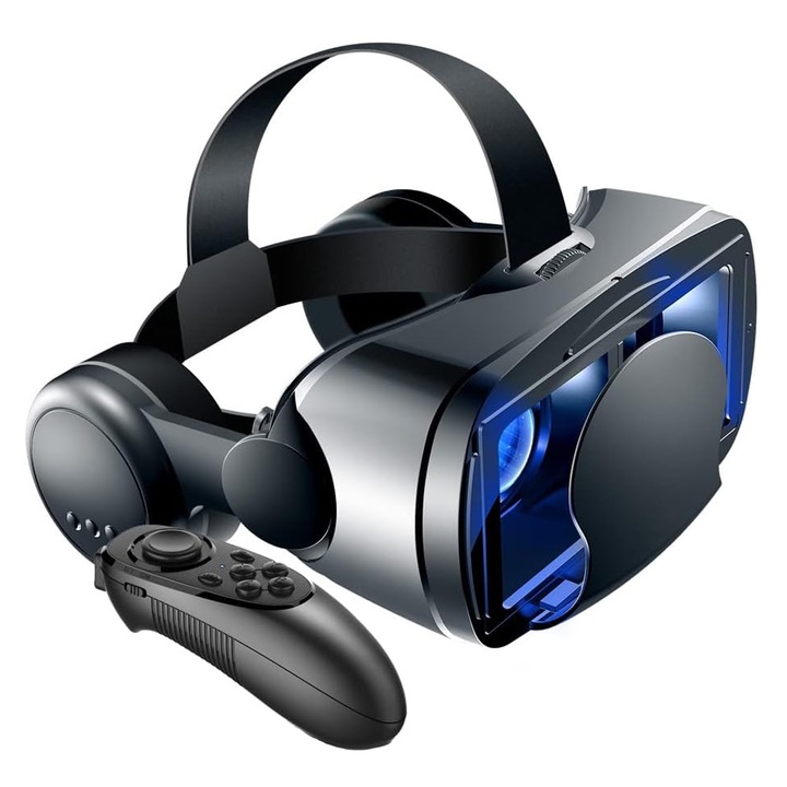 Ochelari VR, SINBINTA, Ochelari de Realitate Virtuala 3D, Casti bluetooth, 360° panoramic view, Cu control telecomanda inclusa, Ergonomic, Compatibili cu telefoane IOS si Android de 5 ~ 7 inch, ABS, 19x11cm, Negru