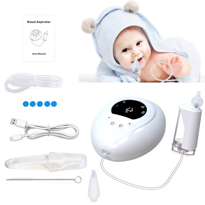 Hordozható elektromos orrszívó, SINBINTA, Csendes elektromos orrszívó, 3 szívási szint, Visszafolyásgátló rendszer, 2 szilikon fej, Kivehető, 1000mAh, USB töltés, Babáknak és gyerekeknek, ABS, 130X103X54mm, Fehér