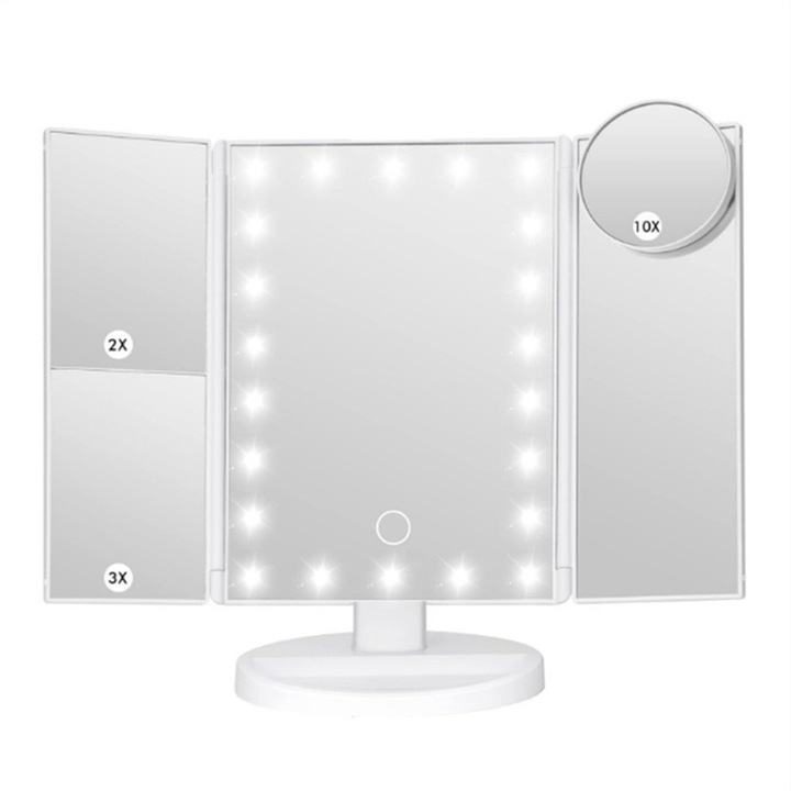 LED огледало за грим и козметика, Axroad Mall, сензорен екран, трислойно огледало за грим, двойно захранване, с 21 светодиода и 2x 3x 10x увеличение, лесно за носене, регулируема светлина, въртене на 360°, ABS, 34,5 x 24 см, бяло