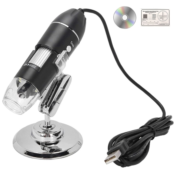 1600X digitális mikroszkóp USB-vel, SINBINTA, HD kép, 0-40 mm fókuszbeállítás, 8 LED megvilágítás, felvételi gomb, MP4, Max 26f/s, 360°-ban állítható állvány, közvetlen csatlakozás számítógéphez és mobiltelefonhoz, ABS, 112x33mm, fekete/ezüst