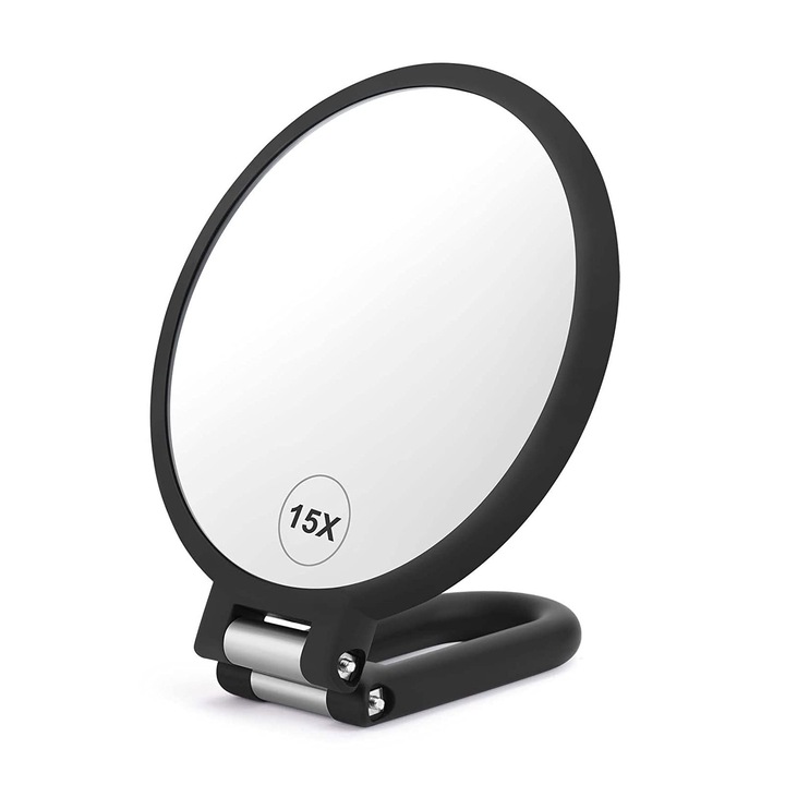 Oglinda machiaj pliabila, Axroad Mall, Maner reglabil la 360°, Design ergonomic, Marire 1X/15X, Oglinda cu doua fete, Usor de transportat, Pentru machiaj, barbierit, curatare, ABS, 24 x 4 cm