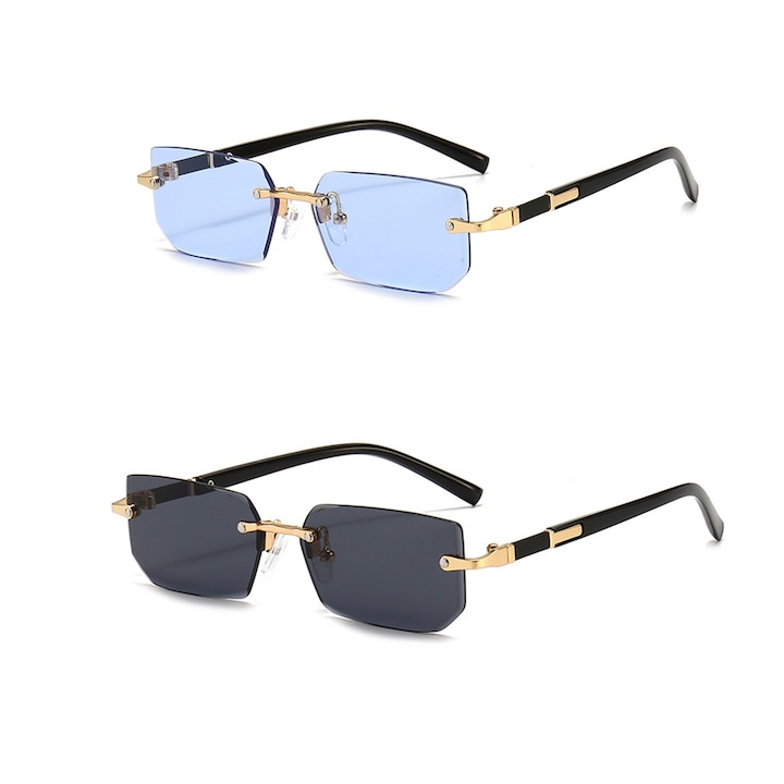 Set 2 Ochelari de soare cu lentile polarizate si rama metalica, Axroad Mall, 134x33mm, Lentila HD, Unisex, Fashion retro, Puternic si confortabil, Protectia UV400, pentru calatorii, cumparaturi, a face poze, mersul pe jos, PC, Albastru/Negru