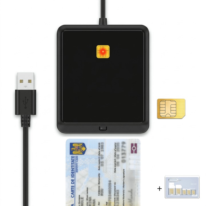 Cititor de carduri de identificare PC/SC, cititor de carduri inteligente USB, marca FomoX, accepta semnaturi digitale, fara drivere, citeste carduri CAC, CRS, CNS, IC si SIM, compatibil cu sistemele Windows si Mac OS, include o geanta de depozitare- Negru