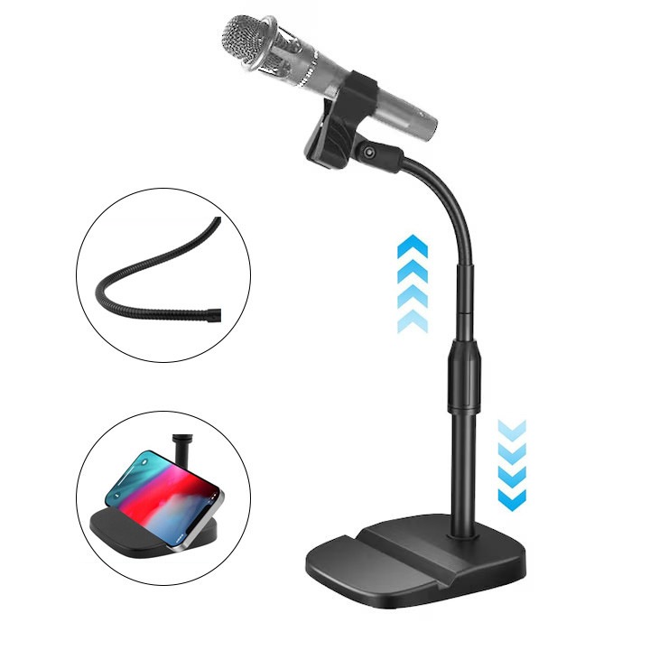 Suport microfon pentru microfon desktop, suport microfon live wireless, integrat rezistent la socuri, cu clema de fixare, negru, Suport conectori
