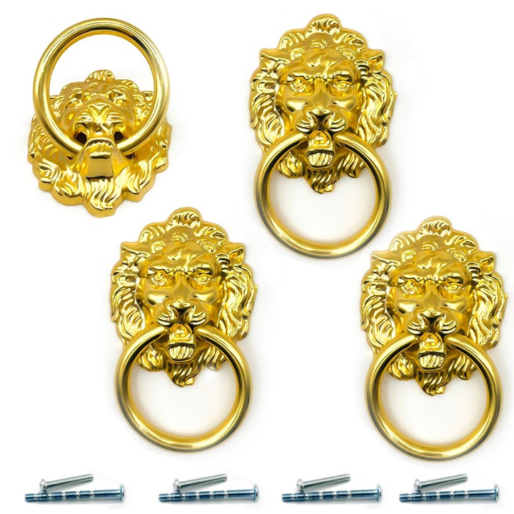 4 darabos szekrényfogantyú-készlet, oroszlánfej, vintage, arany