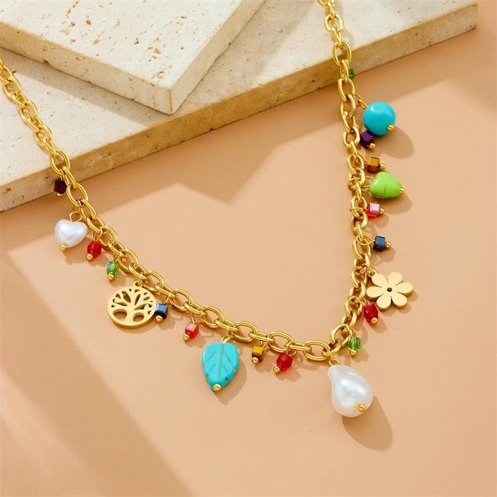 Colier auriu, din otel inoxidabil, cu copacul vietii, margelute si perle, suflat cu aur 18k, Binta C11