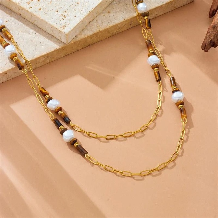 Colier auriu, din otel inoxidabil, in 2 straturi, cu margelute maro, suflat cu aur 18k, Brynilda C11