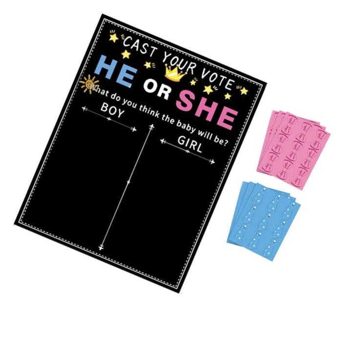 Set 55 baloane Gender Reveal, 27 de autocolante cu cravate albastre si 27 de autocolante cu fundite roz, 1 afis cu autocolante, Carton gros, durabil, utilizat pe scara larga, poate fi folosit ca cadou, 115g, Multicolor