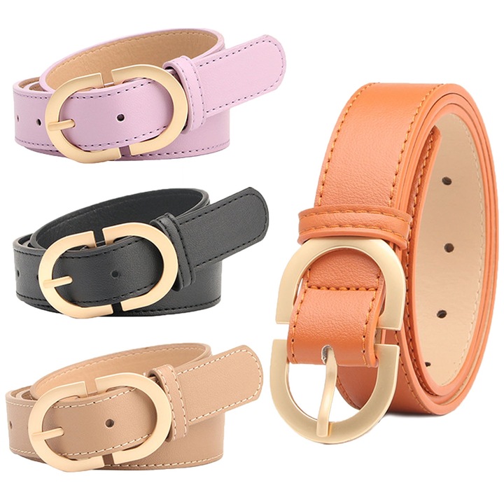 4 db-os női öv szett, Hggzeg, női valódi bőr öv, 105x2,8 cm, klasszikus és egyszerű, ovális csattal, nadrághoz, ruhához, kabáthoz alkalmas, eco-bőr/fém, fekete/khaki/lila/világos teveszín