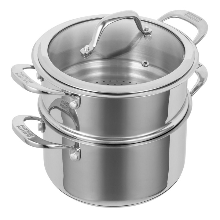 Oala de gatit la aburi Kuhn Rikon, Allround, capacitate 2.3 litri, Ø 18 cm, calitate premium, maner ergonomic, otel inoxidabil, capac sticla, vas cu insertii, compatibil cu toate sursele de caldura, inox
