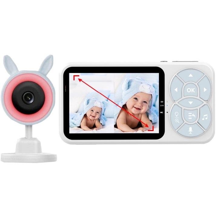 Vezeték nélküli audio-video babaőr és kamera, GOSTOCK, hőmérsékletérzékelés, sírás esetén hangjelzés, altatódal, etetési emlékeztető, 2,4 GHz-es kétirányú beszélgetés, 4x zoomos kamera, VOX mód, 3,5"-os UltraHD éjjellátó, 2000mAh, fehér/kék