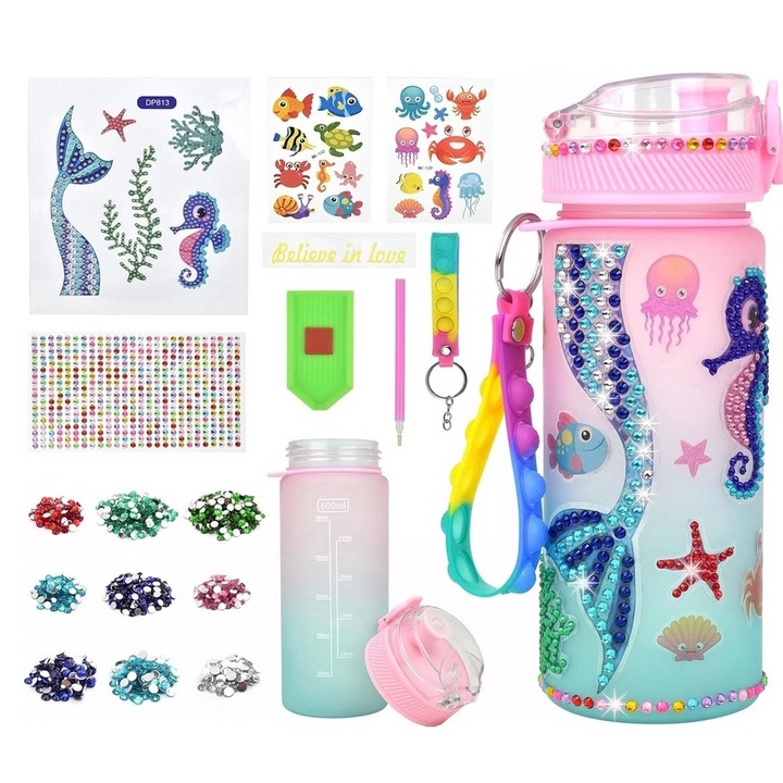 Sticla de apa creativa DIY pentru copii cu pietre pretioase, carrlinechoo®, 600ml, Sirena, Potrivit pentru scoli si in aer liber, Poate fi folosit ca un cadou de sarbatori, Multicolor