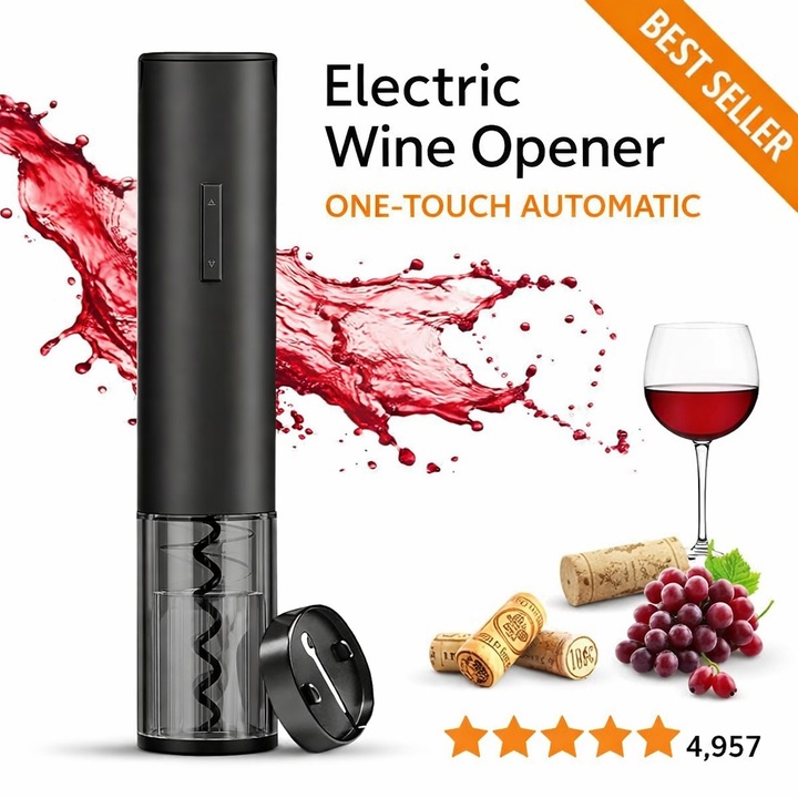 Tirbuson Electric Automat Yogasuper, Reincarcabil, Functie Forward-Reverse, Accesoriu pentru Taierea Sigiliului Sticlei, Anti-Coroziv, Negru