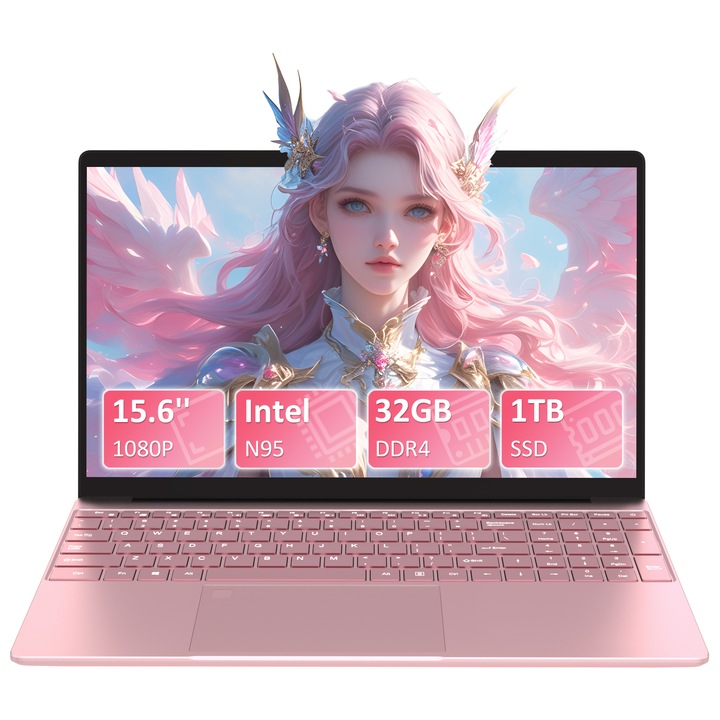 Auusda Laptop, Centrino N95 processzor (3,4 GHz-ig), 32 GB RAM, 1 TB SSD, 15,6" FHD IPS képernyő, Háttérvilágítású billentyűzet, Windows 11 Pro, Intel UHD Graphics, rózsaszín