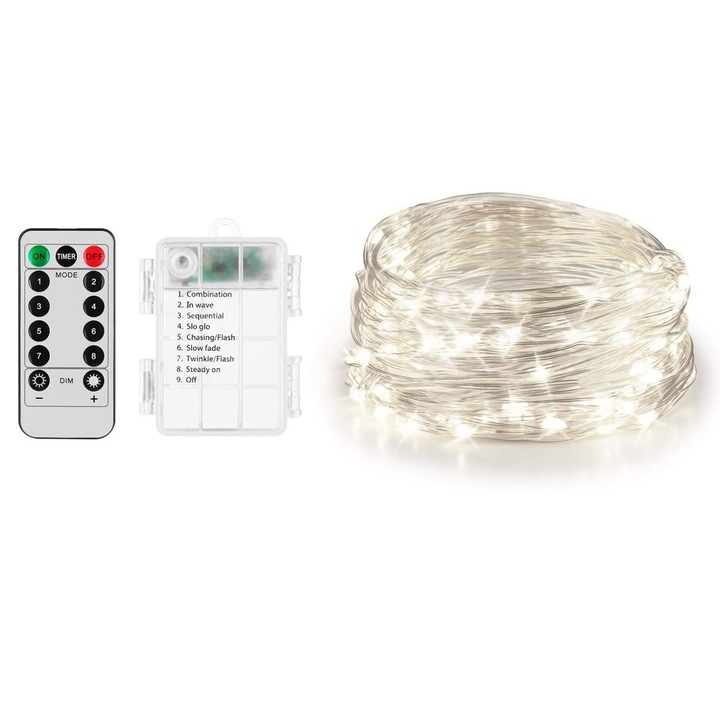 Комплект LED лента 10м, 100 LED крушки, с дистанционно, с батерии, Бяла
