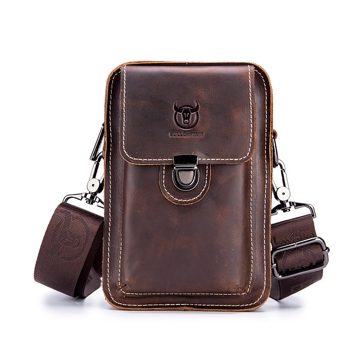 Mobiltelefon táska, Bullcaptain, Valódi bőr, 20x13.5x5cm, Barna