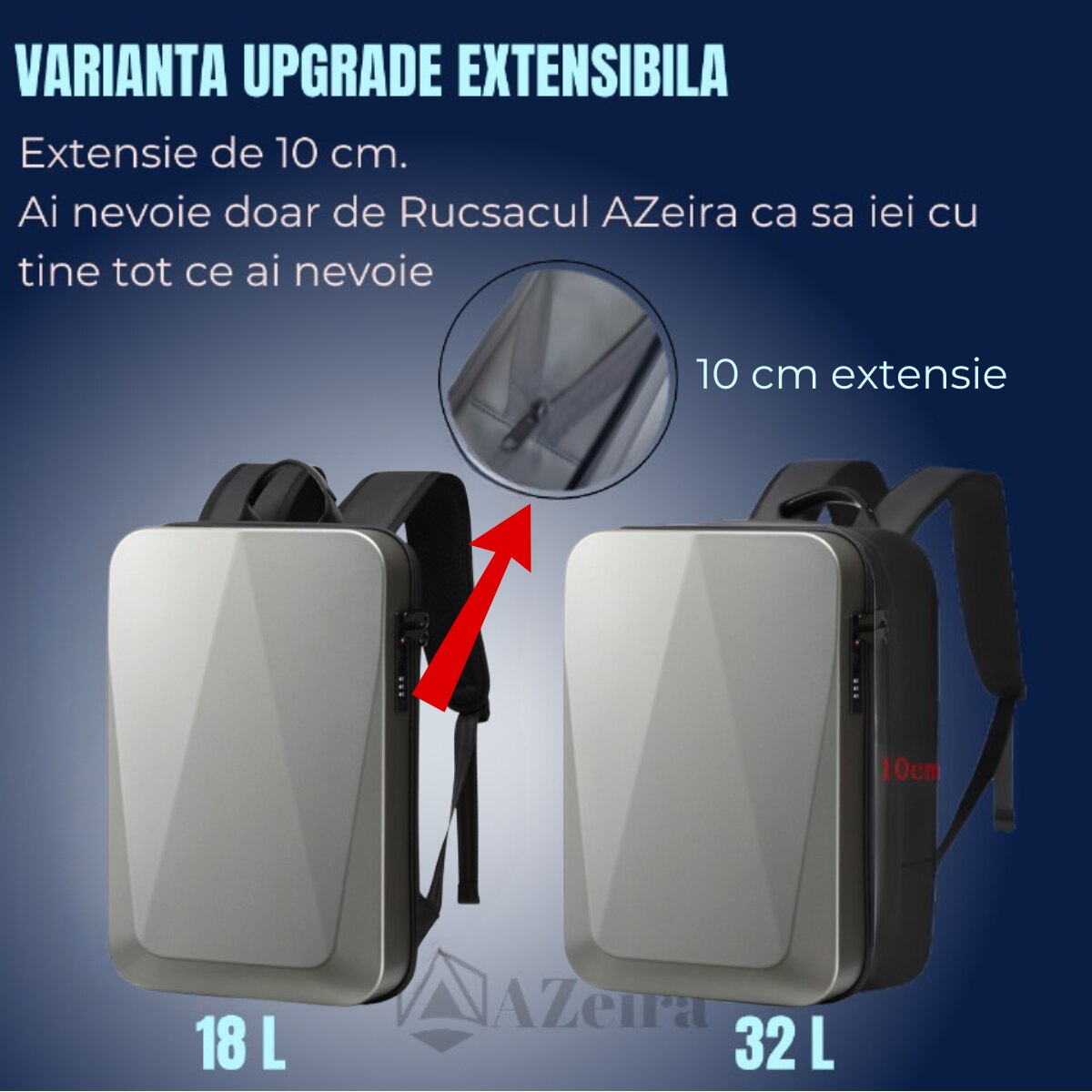 Rucsac Smart Extensibil pentru Laptop AZeira®, Barbatesc, Antifurt, Cifru de Securitate, Conectivitate, Multifunctional, Ergonomic, Organizare optima, Multiple buzunare, Protectie ptr Laptopuri, 47x30x10/20 cm, Gri