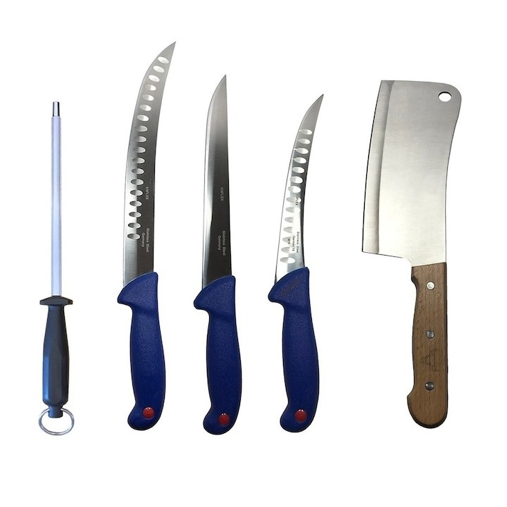 Set profesional de macelarie, filetat, injunghiat, transat, dezosat, 3 cutite, masat pentru ascutit, satar, Dactylion®
