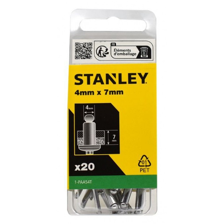 Set 20 nituri STANLEY 1-PAA54T din aluminiu, diametru 4 mm, lungime utila 7 mm