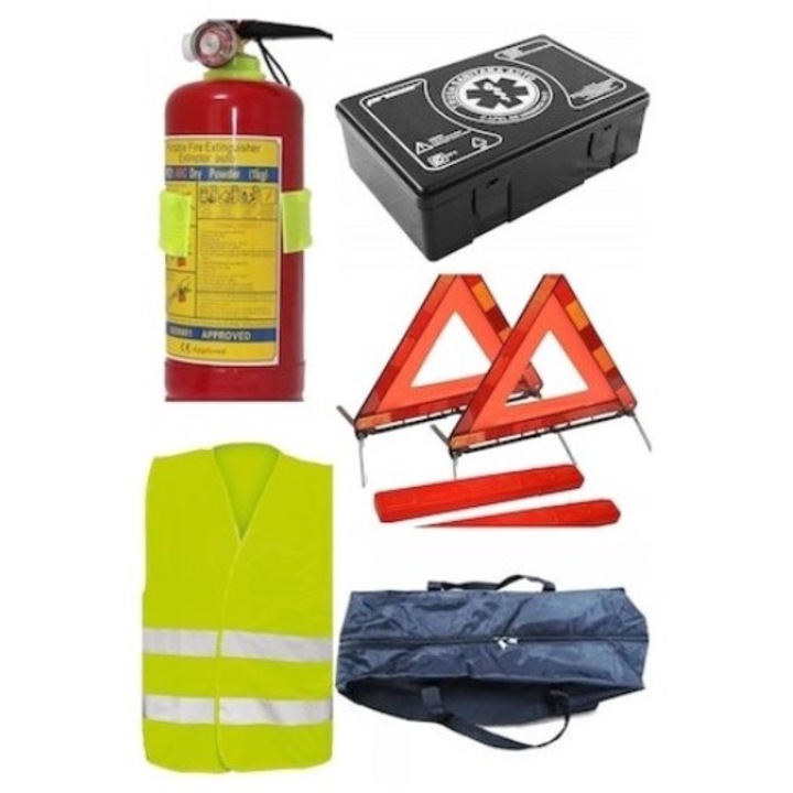 Пълен комплект за безопасност на автомобила 2 броя триъгълника, пожарогасител, жилетка, чанта