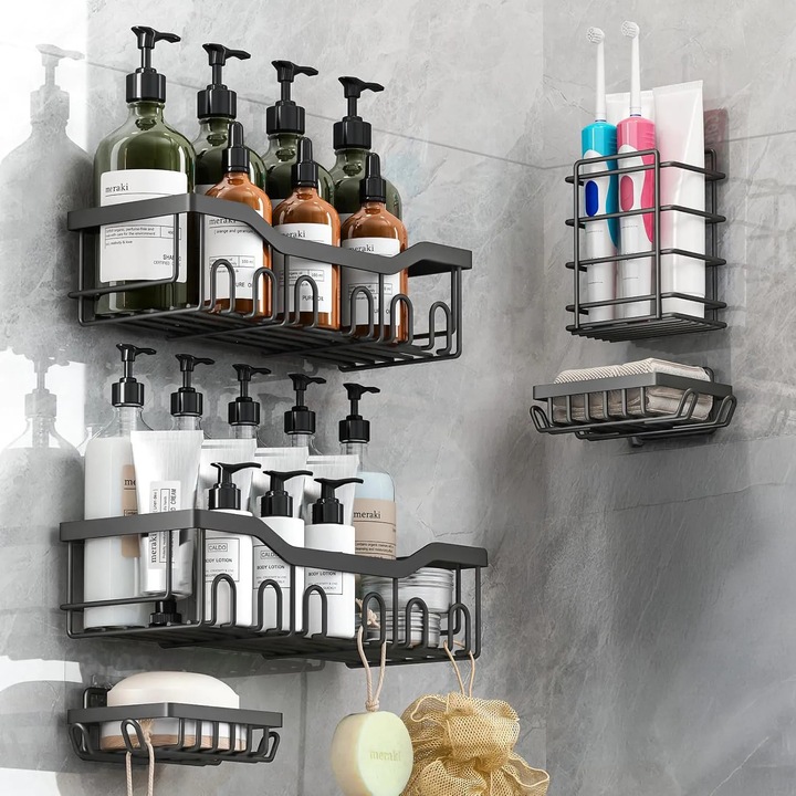 5 db fürdőszobai polc készlet Elindor® lyukak nélkül, rozsdamentes acél, ragasztós rögzítés, zuhany- és szappantartó, űrtartalom 20 kg, prémium rozsdamentes minőség, fekete