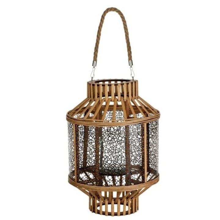 Декоративен, Welora, Фенер С Цилиндрична Дървена Рамка И Тънка Черна Метална Мрежа, Вътрешна Поставка За Свещ, С Тясна Основа И Шия, Дръжка От Дебел Конец, За Окачване, 28x40 Cm, Кафяв