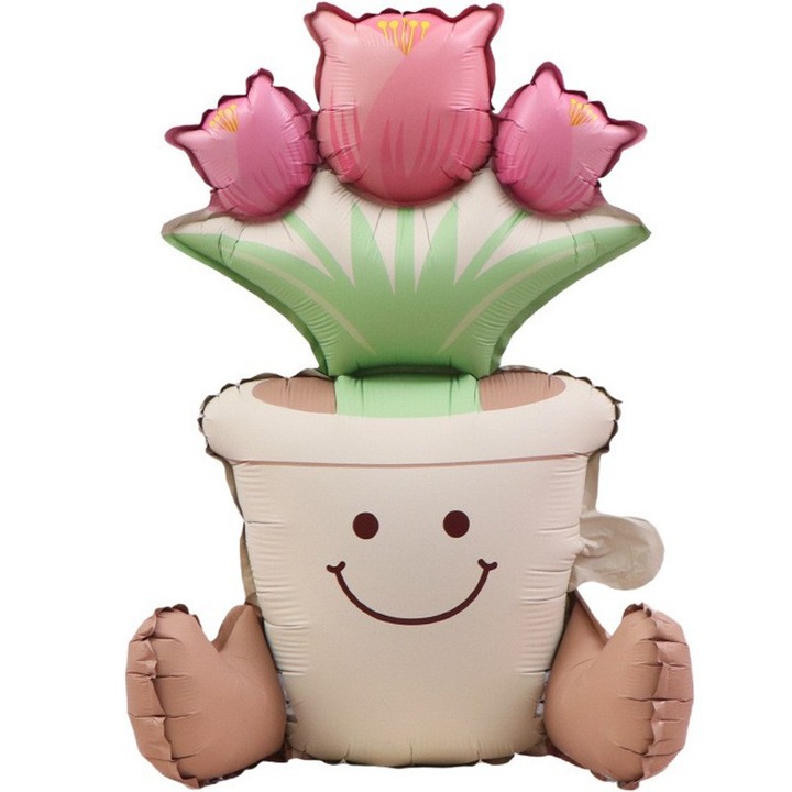 Балон от метално фолио, Flippy, анимирана фигурка, модел на саксия, 58 x 55 cm, индивидуално опакован, включена сламка, надут с въздух или хелий, розов