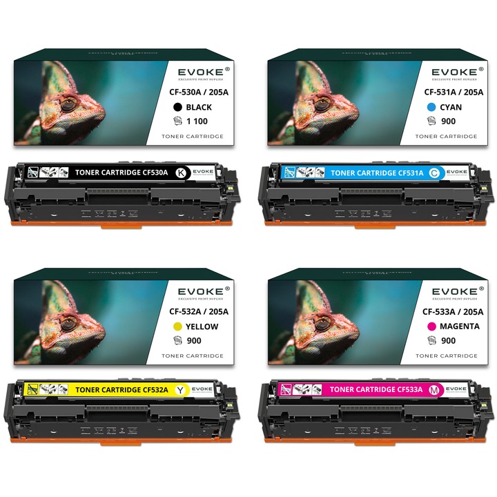Set 4 toner cartuse imprimanta pentru HP 205A CMYK CF530A CF531A CF532A CF533A, 1100 pagini negru + 900 pagini fiecare culoare, CF-530A, compatibil cu Color LaserJet M180n M181fw M154a M154nw
